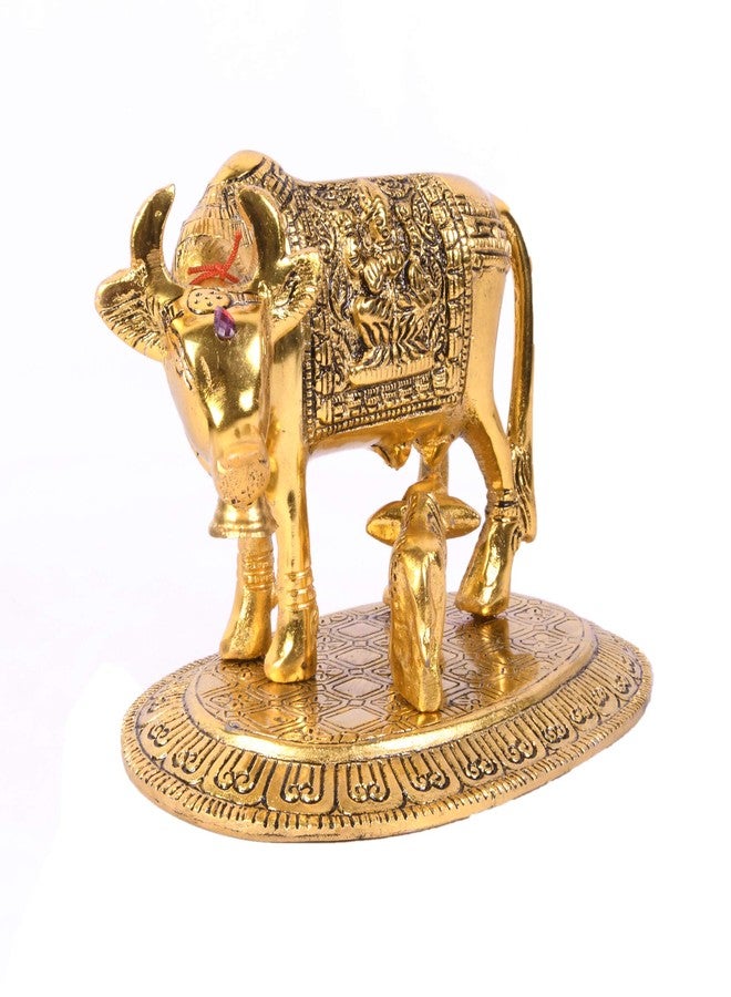 JAIPUR ACE Kamdhenu Cow with Calf Sculpture Brass Statue, Nandi Cow Sculpture - Medium, Golden - Image 3